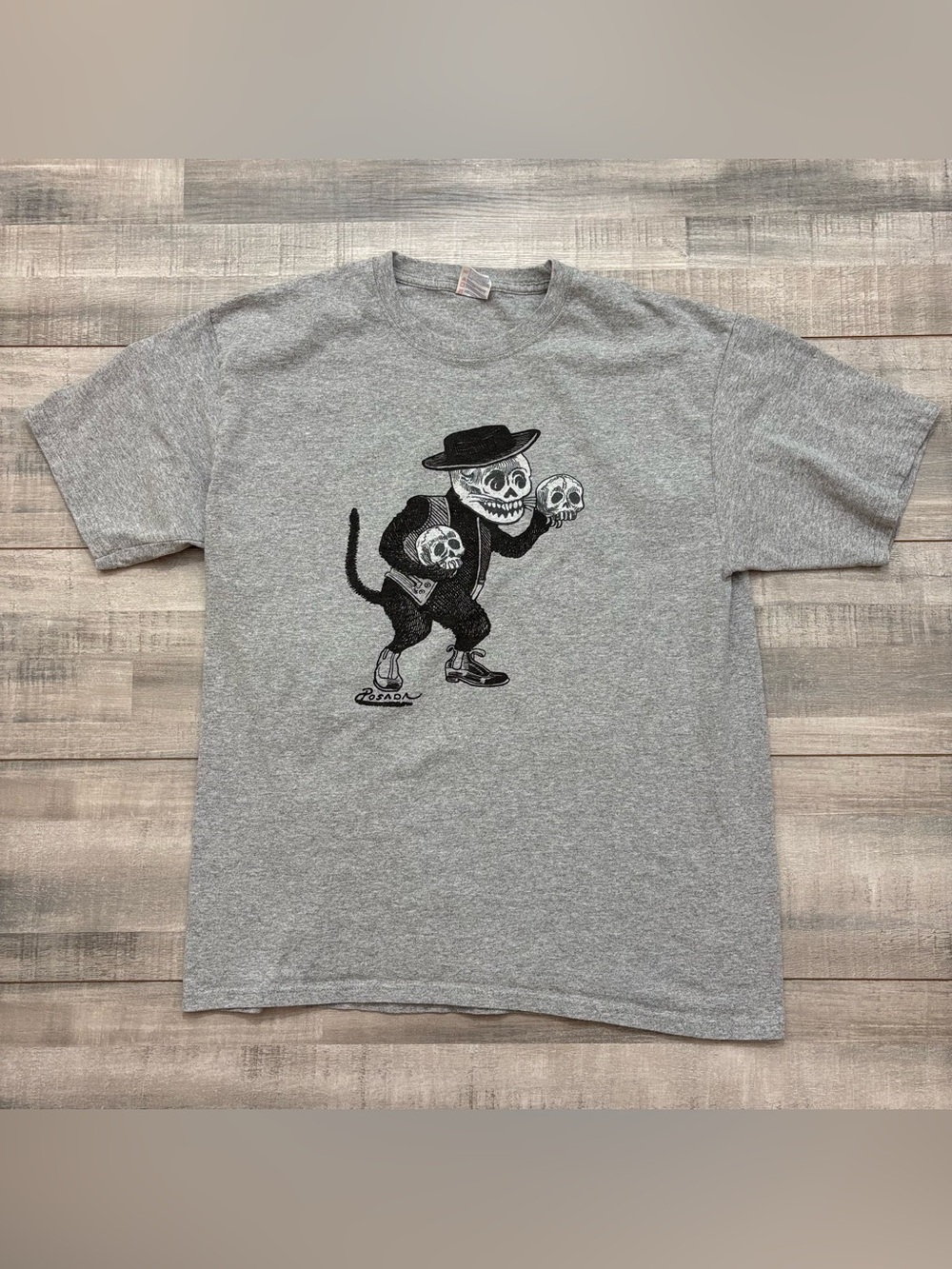Vintage Y2K Jose Guadalupe Posada Skeleton Undertaker Gray Shirt Large Yazbek